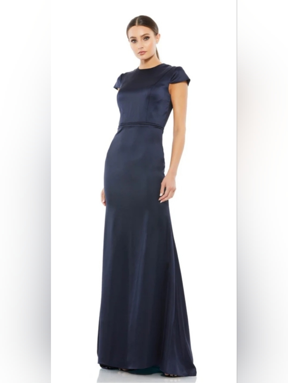 Ieena Mac Duggal 26648 long satin Column dress Sz 12 Cap Sleeve MIDNIGHT NWT